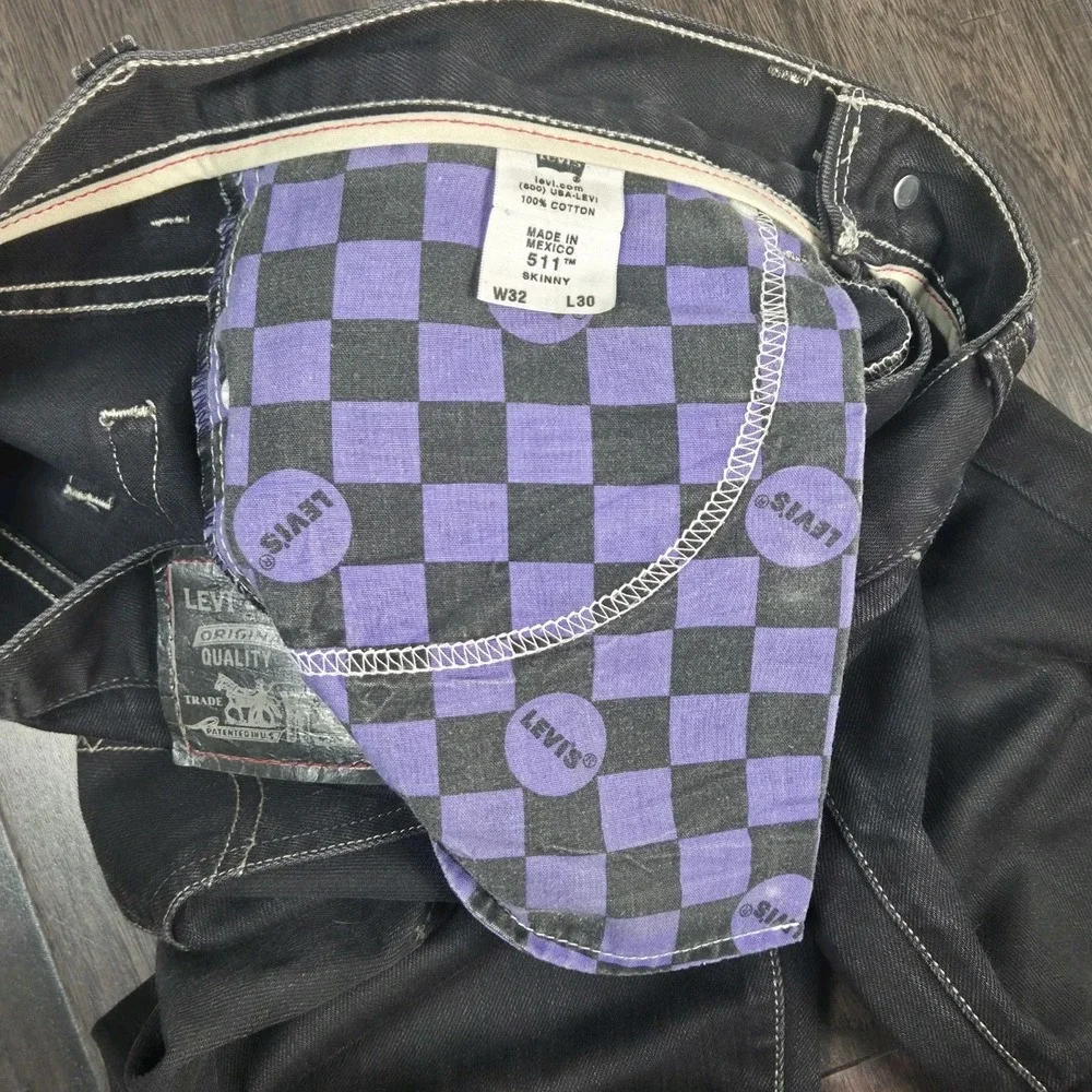 VTG Y2K Levis 511 Skinny Original Black Jeans Mens 33x32 Purple Checker Pockets